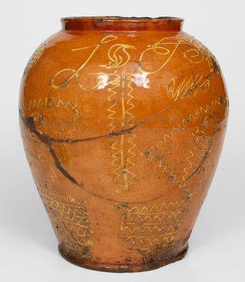 Extremely Rare 18th Century Bristol County, MA Large-Sized Redware Jar w/ Profuse Yellow Slip Decoration