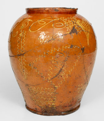 Extremely Rare 18th Century Bristol County, MA Large-Sized Redware Jar w/ Profuse Yellow Slip Decoration