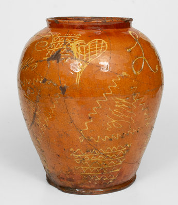 Extremely Rare 18th Century Bristol County, MA Large-Sized Redware Jar w/ Profuse Yellow Slip Decoration