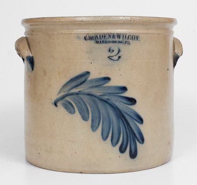 2 Gal. COWDEN & WILCOX / HARRISBURG, PA Stoneware Crock w/ Leaf Decoration