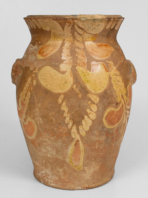 Attrib. J. Eberly, Strasburg, VA Redware Wing-Handled Urn w/ Slip Hanging Flower Decoration