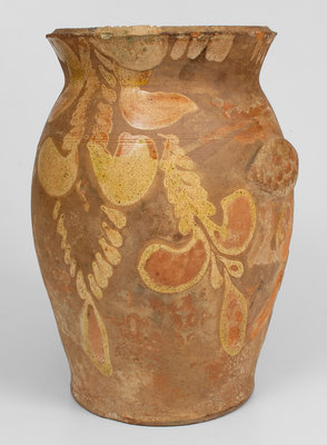 Attrib. J. Eberly, Strasburg, VA Redware Wing-Handled Urn w/ Slip Hanging Flower Decoration