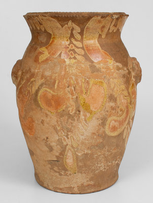 Attrib. J. Eberly, Strasburg, VA Redware Wing-Handled Urn w/ Slip Hanging Flower Decoration