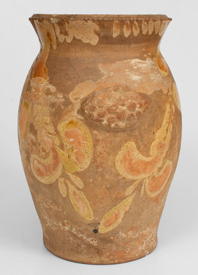 Attrib. J. Eberly, Strasburg, VA Redware Wing-Handled Urn w/ Slip Hanging Flower Decoration