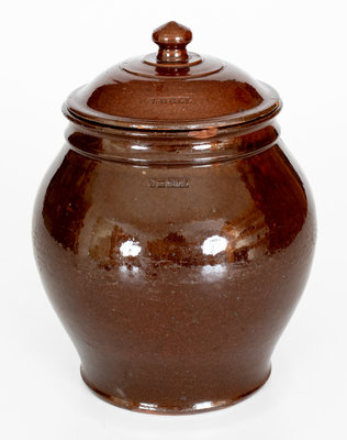 Scarce I. BELL (John Bell, Waynesboro, PA) Redware Spice Jar w/ Lid, c1840