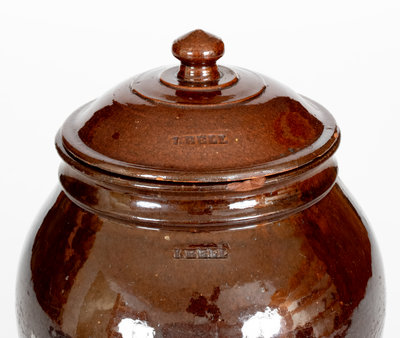 Scarce I. BELL (John Bell, Waynesboro, PA) Redware Spice Jar w/ Lid, c1840