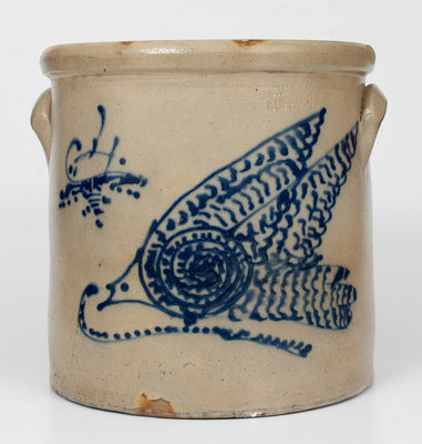 Exceptional C. W. BRAUN / BUFFALO, NY 4 Gal. Stoneware Crock w/ Elaborate Slip-Trailed Bird Decoration