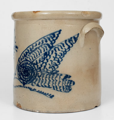 Exceptional C. W. BRAUN / BUFFALO, NY 4 Gal. Stoneware Crock w/ Elaborate Slip-Trailed Bird Decoration