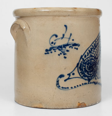 Exceptional C. W. BRAUN / BUFFALO, NY 4 Gal. Stoneware Crock w/ Elaborate Slip-Trailed Bird Decoration
