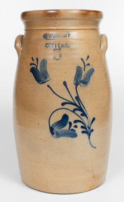 5 Gal. M. WOODRUFF / CORTLAND Stoneware Churn w/ Floral Decoration