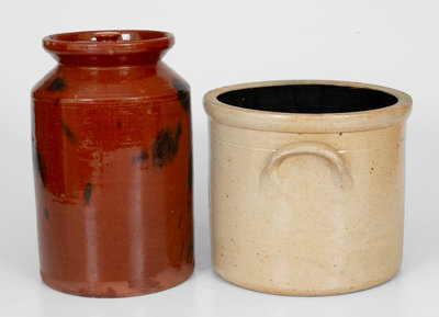 Lot of Two: Norwalk, CT Lidded Redware Jar and Decorated Stoneware Crock