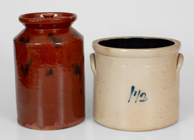 Lot of Two: Norwalk, CT Lidded Redware Jar and Decorated Stoneware Crock