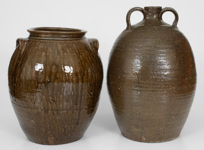 Lot of Two: North Carolina Alkaline-Glazed Stoneware Jar and Double-Handled Jug