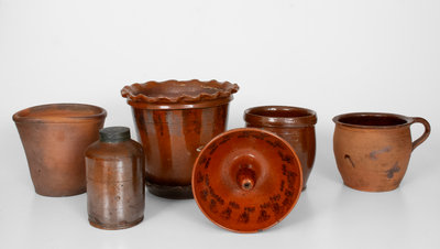 Lot of Six: Central PA Redware Flowerpots, Jars, and Food Mold