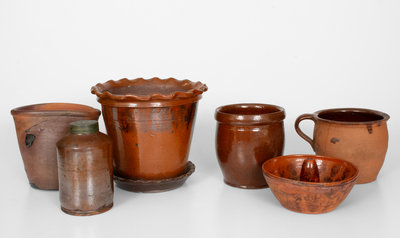 Lot of Six: Central PA Redware Flowerpots, Jars, and Food Mold