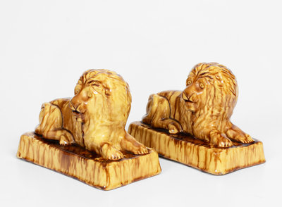 Pair of Yellowware Lion Figures, probably English, 19th century