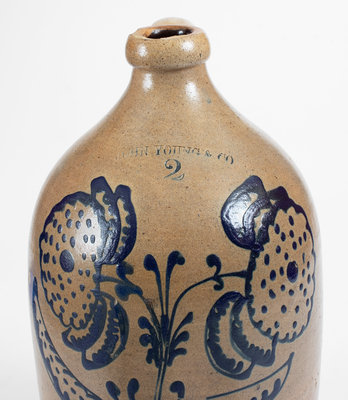 Exceptional JOHN YOUNG & CO. / HARRISBURG, PA Stoneware Jug w/ Slip-Trailed Floral Decoration