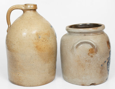 Lot of Two: WHITES UTICA Stoneware Bird Jug and Jar w/ Floral Decoration