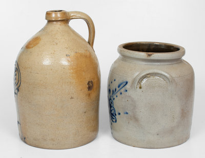 Lot of Two: WHITES UTICA Stoneware Bird Jug and Jar w/ Floral Decoration