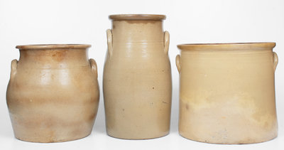 Lot of Three: L. W. FENTON / ST. JOHNSBURY, VT Churn, Two SOMERSET POTTERS WORKS Jars