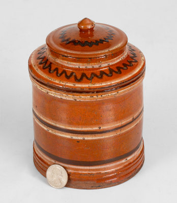 Rare and Fine Lidded Redware Tea Canister w/ Two-Color Slip Decoration, probably Pennsylvania