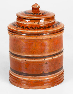 Rare and Fine Lidded Redware Tea Canister w/ Two-Color Slip Decoration, probably Pennsylvania