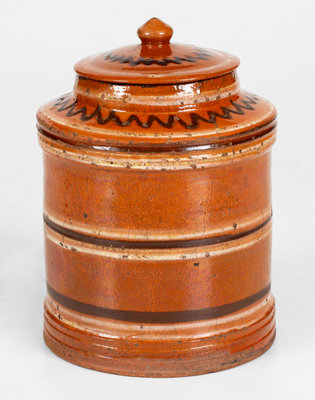 Rare and Fine Lidded Redware Tea Canister w/ Two-Color Slip Decoration, probably Pennsylvania