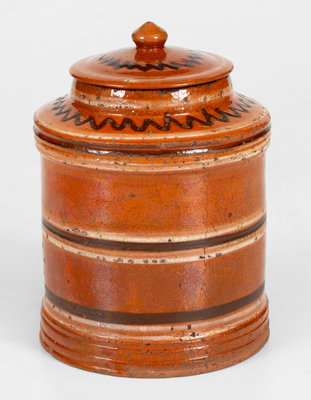 Rare and Fine Lidded Redware Tea Canister w/ Two-Color Slip Decoration, probably Pennsylvania