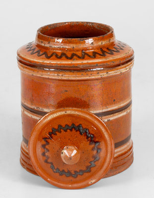 Rare and Fine Lidded Redware Tea Canister w/ Two-Color Slip Decoration, probably Pennsylvania