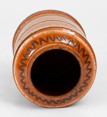 Rare and Fine Lidded Redware Tea Canister w/ Two-Color Slip Decoration, probably Pennsylvania