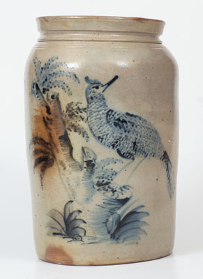 Rare and Fine Stoneware Jar w/ Elaborate Slip-Trailed Bird Decoration, probably New Jersey, c1855