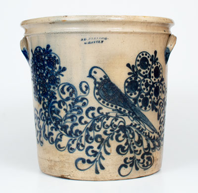 Exceptional S. D. KELLOGG / WHATELY, Mass. Stoneware Flowerpot w/ Elaborate Mourning Dove and Floral Design