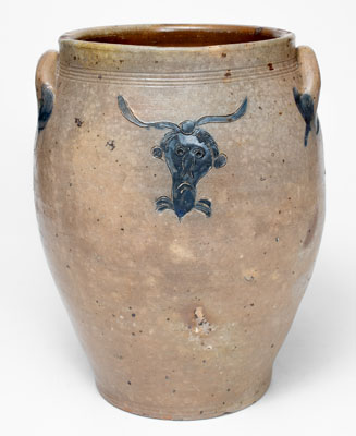 Very Rare Albany, NY Stoneware Jar w/ Incised Face and Floral Decorations, early 19th century