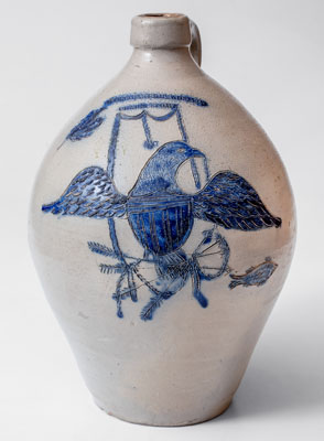 Highly Important BARNABAS EDMANDS & CO. / CHARLESTOWN Stoneware Jug w/ Elaborate Incised Federal Eagle and Fish Decoration