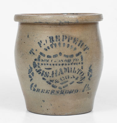 T. F. REPPERT / SUCCESSOR TO JAS. HAMILTON & CO. / GREENSBORO, PA Stoneware Jar w/ Stenciled Shield