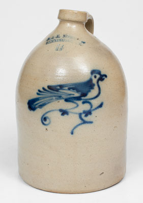 J. & E. NORTON / BENNINGTON, VT Stoneware Jug w/ Cobalt Bird Decoration