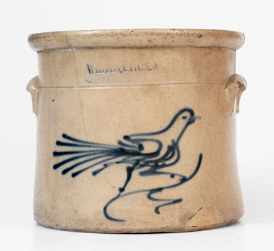 WHITES UTICA Stoneware Crock w/ Slip-Trailed Bird Decoration