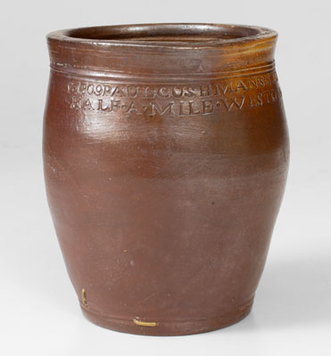 Rare Paul Cushman HALF A MILE WEST OF ALBANY GOAL Stoneware Jar, 1809