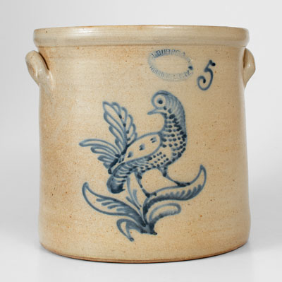 J. BURGER, JR. / ROCHESTER, NY 5 Gal. Stoneware Crock w/ Elaborate Game Bird Decoration