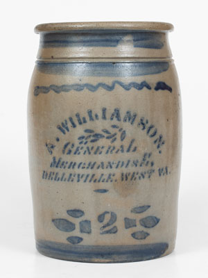 Very Rare BELLEVILLE, WEST. VA Stoneware Advertising Jar, c1875