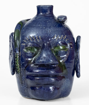 Extremely Rare Blue-Glazed Edwin Meaders Face Jug w/ Snake, Cleveland, GA, 1995