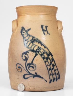 Rare Stoneware Churn w/ Elaborate Cobalt Bird Design attrib. A.O Whittemore, Havana, New York