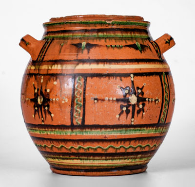 Rare and Important Alamance County, North Carolina Redware Sugar Jar, c1790-1820