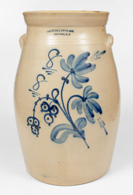Fine 8 Gal. A. O. WHITTEMORE / HAVANA, NY Stoneware Churn w/ Elaborate Floral Decoration