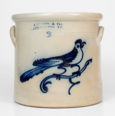 J. NORTON & CO. / BENNINGTON, VT 3 Gal. Stoneware Crock w/ Bold Bird Decoration