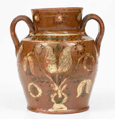 Exceptional Redware Vase w/ Profuse Three-Color Slip Floral Decoration, PA or MD origin