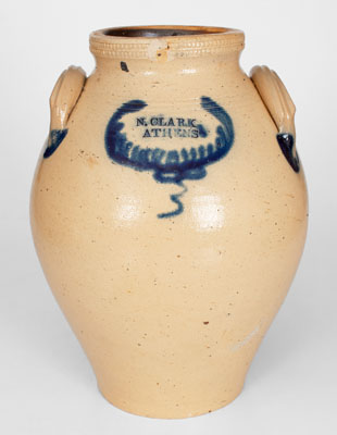 N. CLARK / ATHENS Stoneware Jar w/ Coggled and Brushed Cobalt Decoration, c1830