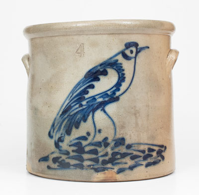 4 Gal. New York State Stoneware Crock w/ Large Cobalt Bird Design