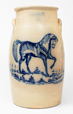 Extraordinary J. & E. NORTON / BENNINGTON, VT Stoneware Churn w/ Elaborate Cobalt Horse Decoration