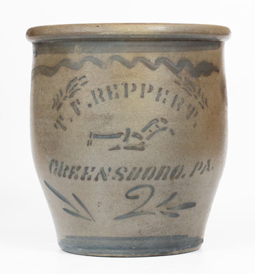 T. F. REPPERT / GREENSBORO, PA Stoneware Cream Jar w/ Stenciled Plough, c1880